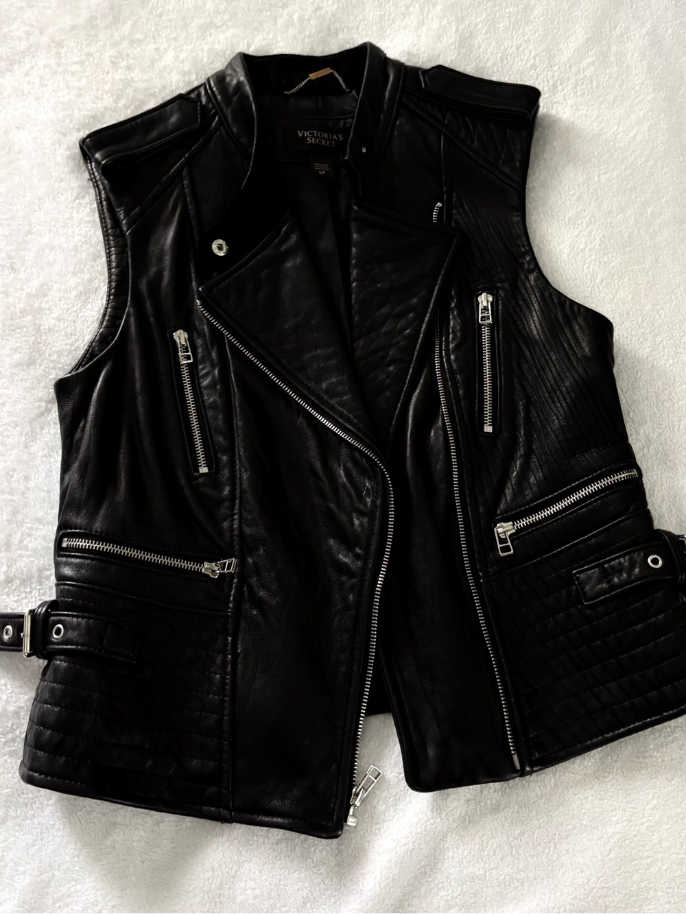Victoria's Secret Black Leather Moto Vest with Velvet Collar